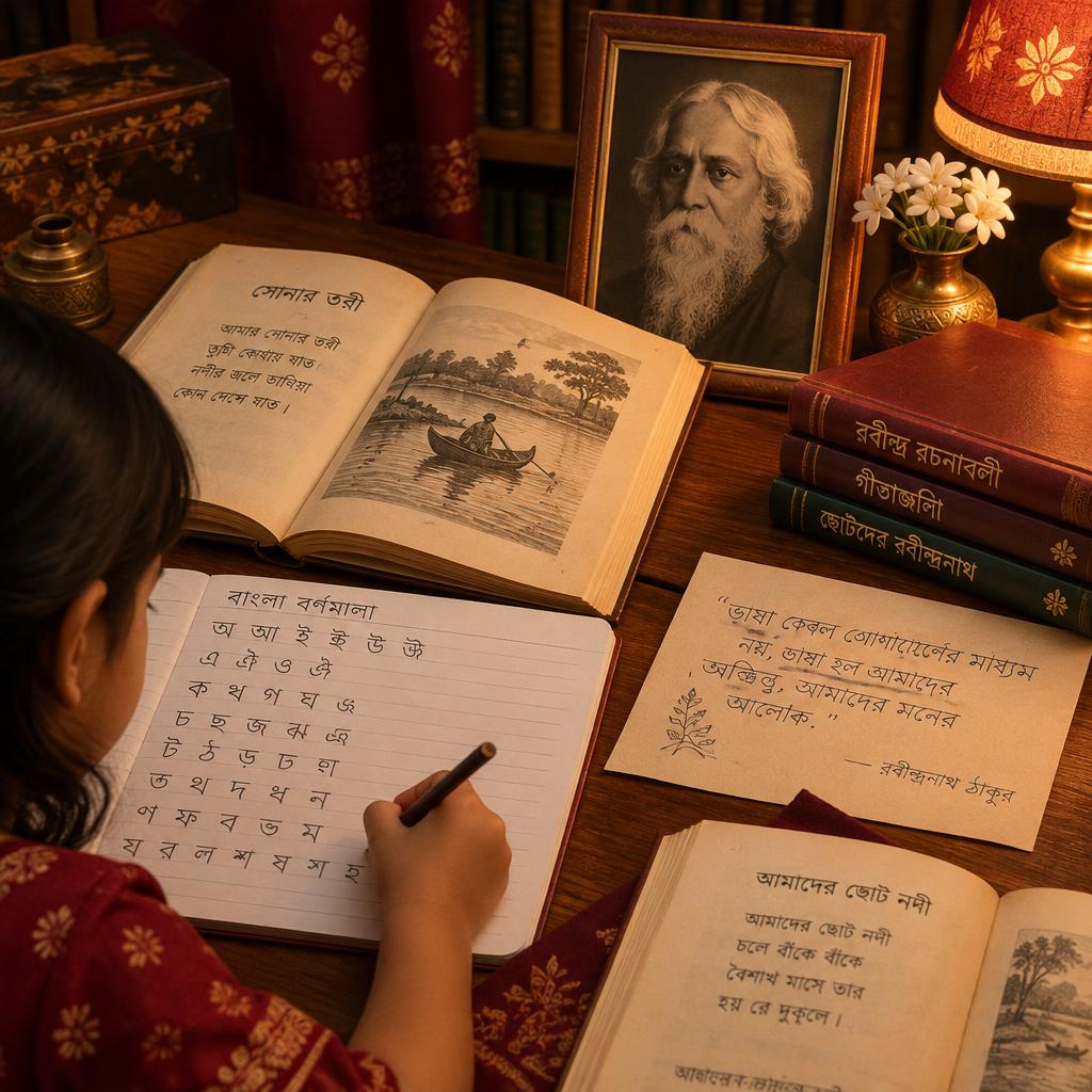 Child learning to write the Bangla alphabet