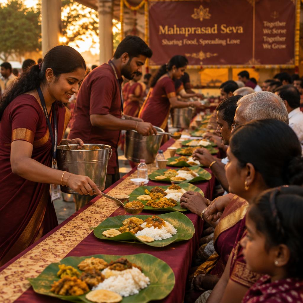 Volunteers serving bhog to families at the community feast