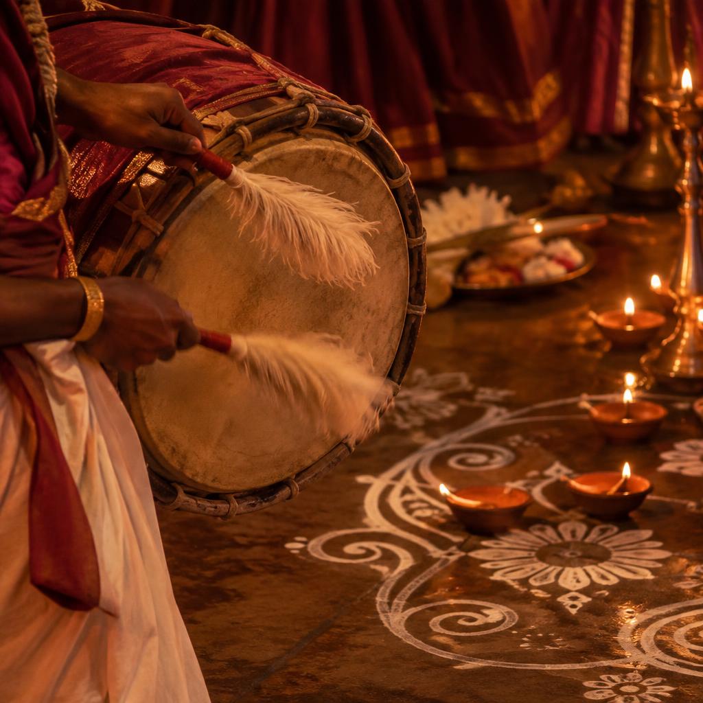 Dhaak drummer with diyas and alpona floor art